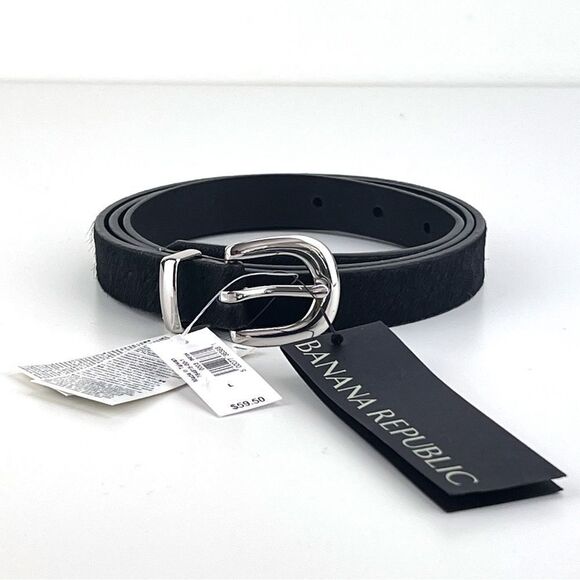 New Banana Republic Black Haircalf Leather Skinny Belt Women’s Size L - Picture 1 of 11